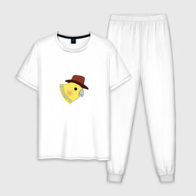 Мужская пижама хлопок с принтом Бонжур , 100% хлопок | брюки и футболка прямого кроя, без карманов, на брюках мягкая резинка на поясе и по низу штанин
 | Тематика изображения на принте: mem | бонжур | мем | попугай | попугай в шляпе | прикол | птица | стикер | юмор