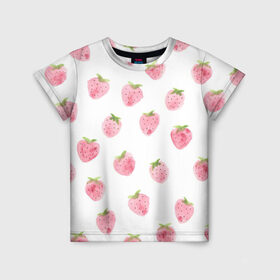 Детская футболка 3D с принтом Нежная клубника , 100% гипоаллергенный полиэфир | прямой крой, круглый вырез горловины, длина до линии бедер, чуть спущенное плечо, ткань немного тянется | Тематика изображения на принте: арт | белый | зеленый | клубника | листья | рисунок | розовый | розовый рисунок | фрукт | фрукты | штамп | ягода | ягоды