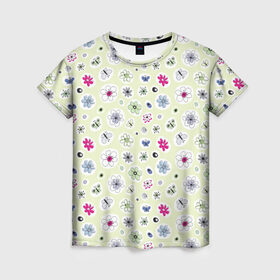 Женская футболка 3D с принтом Милые цветочки , 100% полиэфир ( синтетическое хлопкоподобное полотно) | прямой крой, круглый вырез горловины, длина до линии бедер | арт | бабочка | бабочки | камень | камни | камушки | рисунок | семена | стикеры | цветок | цветы