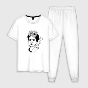 Мужская пижама хлопок с принтом Фрида Кало , 100% хлопок | брюки и футболка прямого кроя, без карманов, на брюках мягкая резинка на поясе и по низу штанин
 | Тематика изображения на принте: 
