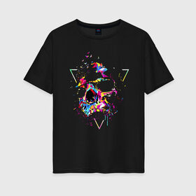 Женская футболка хлопок Oversize с принтом Skull , 100% хлопок | свободный крой, круглый ворот, спущенный рукав, длина до линии бедер
 | bird | blot | color | neon | paint | skull | triangle | клякса | краска | неон | птица | треугольник | цвет | череп