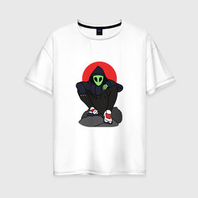 Женская футболка хлопок Oversize с принтом Alien , 100% хлопок | свободный крой, круглый ворот, спущенный рукав, длина до линии бедер
 | alien | ufo | арт | инопланетянин | капюшон | крутой | модный | пришелец | рисунок | человек | япония