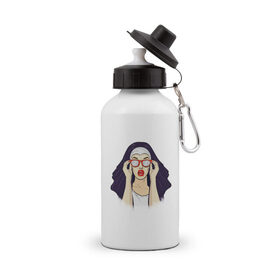 Бутылка спортивная с принтом Монашка , металл | емкость — 500 мл, в комплекте две пластиковые крышки и карабин для крепления | губы | женщина | иллюстрация | монашка | очки | язык
