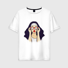 Женская футболка хлопок Oversize с принтом Монашка , 100% хлопок | свободный крой, круглый ворот, спущенный рукав, длина до линии бедер
 | губы | женщина | иллюстрация | монашка | очки | язык