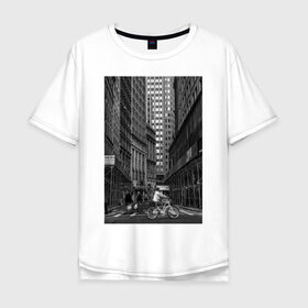 Мужская футболка хлопок Oversize с принтом город , 100% хлопок | свободный крой, круглый ворот, “спинка” длиннее передней части | автомобили | велосипед | велосипедист | высотки | город | дома | дорога | люди | машины | чб