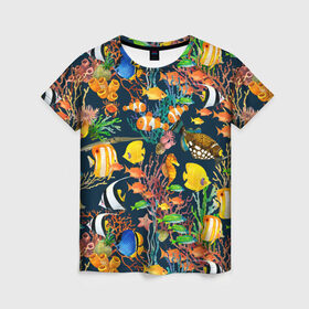 Женская футболка 3D с принтом Морской мир , 100% полиэфир ( синтетическое хлопкоподобное полотно) | прямой крой, круглый вырез горловины, длина до линии бедер | абстракция | аквариум | вода | водный мир | линия | море | нейтральная | океан | рыба | рыбки | рыбы | текстуры | узоры