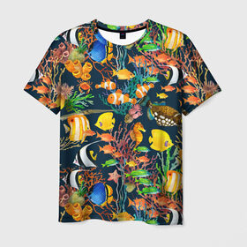Мужская футболка 3D с принтом Морской мир , 100% полиэфир | прямой крой, круглый вырез горловины, длина до линии бедер | абстракция | аквариум | вода | водный мир | линия | море | нейтральная | океан | рыба | рыбки | рыбы | текстуры | узоры