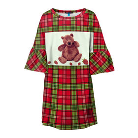 Детское платье 3D с принтом мишка,шотландский фон.шотланди , 100% полиэстер | прямой силуэт, чуть расширенный к низу. Круглая горловина, на рукавах — воланы | животные | мишка | шотландский фон.шотландия