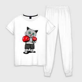 Женская пижама хлопок с принтом БоксерКотэ , 100% хлопок | брюки и футболка прямого кроя, без карманов, на брюках мягкая резинка на поясе и по низу штанин | бокс | домашние животные | кот | кошки | спортсмену | юмор