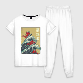 Женская пижама хлопок с принтом Dragons Surfing , 100% хлопок | брюки и футболка прямого кроя, без карманов, на брюках мягкая резинка на поясе и по низу штанин | big | great | hokusai | japan | japanese | kanagawa | kanji | retrowave | style | wave | большая | вапорвейв | великая | волна | дракон | дракончики | драконы | иероглифы | канагава | кандзи | паровая волна | ретровейв | серф | серфиг | стил