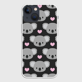 Чехол для iPhone 13 mini с принтом Мордочки коал ,  |  | арт | коал | коала | коалы | любовь | медведь | медвежонок | мордочка | мордочки | рисунок | сердечки | сердце | серый | тёмный | чёрный