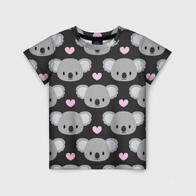 Детская футболка 3D с принтом Мордочки коал , 100% гипоаллергенный полиэфир | прямой крой, круглый вырез горловины, длина до линии бедер, чуть спущенное плечо, ткань немного тянется | арт | коал | коала | коалы | любовь | медведь | медвежонок | мордочка | мордочки | рисунок | сердечки | сердце | серый | тёмный | чёрный