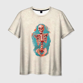 Мужская футболка 3D с принтом Скелет Джо , 100% полиэфир | прямой крой, круглый вырез горловины, длина до линии бедер | бежевая | прикольная | принт | скелет | смешная | череп