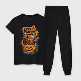 Женская пижама хлопок с принтом Trick or treat. Хэллоуин , 100% хлопок | брюки и футболка прямого кроя, без карманов, на брюках мягкая резинка на поясе и по низу штанин | halloween | helloween | trick or treat | монстры | приколы | тыква | ужасы | хеллоуин | хэллоуин