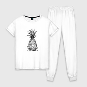 Женская пижама хлопок с принтом Ананас , 100% хлопок | брюки и футболка прямого кроя, без карманов, на брюках мягкая резинка на поясе и по низу штанин | drawing | pineapple | ананас | моргенштерн | рисунок | фрукт | чб