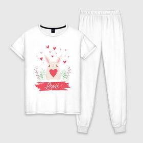 Женская пижама хлопок с принтом Влюблённая Зая | Love , 100% хлопок | брюки и футболка прямого кроя, без карманов, на брюках мягкая резинка на поясе и по низу штанин | 