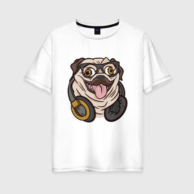 Женская футболка хлопок Oversize с принтом Мопс Хипстер , 100% хлопок | свободный крой, круглый ворот, спущенный рукав, длина до линии бедер
 | chonk | chubby | dog | dogs | fat | funny | headphones | hipster | pug | pugs | в очках | забавный | любитель | люблю | мода | мопсик | мопсов | наушники | очки | песель | песик | прикол | пуг | пугель | смешной | стиль | толстый | хипстер | 