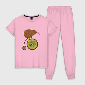 Женская пижама хлопок с принтом Киви на велосипеде , 100% хлопок | брюки и футболка прямого кроя, без карманов, на брюках мягкая резинка на поясе и по низу штанин | bike | bird | birds | circus | cute | fruit | funny | kiwi | байк | берд | большое колесо | в разрезе | клюв | милая | милота | не достает до педалей | пополам | прикол | природа | птичка | с большим колесом | смешная | фрукт | 