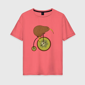 Женская футболка хлопок Oversize с принтом Киви на велосипеде , 100% хлопок | свободный крой, круглый ворот, спущенный рукав, длина до линии бедер
 | bike | bird | birds | circus | cute | fruit | funny | kiwi | байк | берд | большое колесо | в разрезе | клюв | милая | милота | не достает до педалей | пополам | прикол | природа | птичка | с большим колесом | смешная | фрукт | 