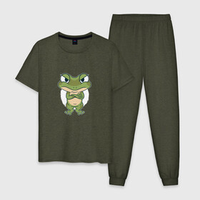 Мужская пижама хлопок с принтом Сердитый лягушонок , 100% хлопок | брюки и футболка прямого кроя, без карманов, на брюках мягкая резинка на поясе и по низу штанин
 | Тематика изображения на принте: angry | bite | bites | cute | frog | froggy | frogs | grumpy | paw | paws | братец | возмущение | забавный | земноводное | земноводные | ква | лапка | лапки | лягушка | милота | милый | недовольный | обиделся | обижулька | сердится