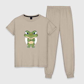 Женская пижама хлопок с принтом Сердитый лягушонок , 100% хлопок | брюки и футболка прямого кроя, без карманов, на брюках мягкая резинка на поясе и по низу штанин | Тематика изображения на принте: angry | bite | bites | cute | frog | froggy | frogs | grumpy | paw | paws | братец | возмущение | забавный | земноводное | земноводные | ква | лапка | лапки | лягушка | милота | милый | недовольный | обиделся | обижулька | сердится