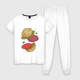 Женская пижама хлопок с принтом Луна бургер , 100% хлопок | брюки и футболка прямого кроя, без карманов, на брюках мягкая резинка на поясе и по низу штанин | burger | food | funny | galaxy | hamburger | illustration | joke | moon | planet | space | start | булочки | в разрезе | галактика | гамбургер | гриль | еда | звезды | иллюстрация | космос | котлета | лист | оливки | планета | прикол | разрез | 