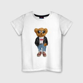 Детская футболка хлопок с принтом Медведь модный , 100% хлопок | круглый вырез горловины, полуприлегающий силуэт, длина до линии бедер | Тематика изображения на принте: арт | животные | картинка | медведь | медвежонок | мишка | мода | модные | про медвежонка | рисунок