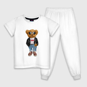 Детская пижама хлопок с принтом Медведь модный , 100% хлопок |  брюки и футболка прямого кроя, без карманов, на брюках мягкая резинка на поясе и по низу штанин
 | Тематика изображения на принте: арт | животные | картинка | медведь | медвежонок | мишка | мода | модные | про медвежонка | рисунок