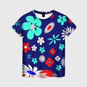 Женская футболка 3D с принтом Lorri , 100% полиэфир ( синтетическое хлопкоподобное полотно) | прямой крой, круглый вырез горловины, длина до линии бедер | blue | flowers | leaves | patterns | summer | texture | летний | листки | синий | текстура | узоры | цветы