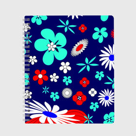 Тетрадь с принтом Lorri , 100% бумага | 48 листов, плотность листов — 60 г/м2, плотность картонной обложки — 250 г/м2. Листы скреплены сбоку удобной пружинной спиралью. Уголки страниц и обложки скругленные. Цвет линий — светло-серый
 | blue | flowers | leaves | patterns | summer | texture | летний | листки | синий | текстура | узоры | цветы