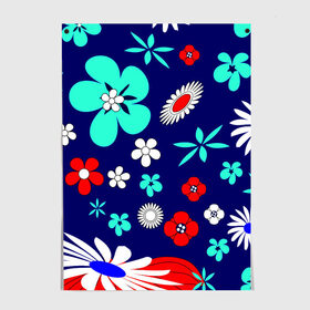 Постер с принтом Lorri , 100% бумага
 | бумага, плотность 150 мг. Матовая, но за счет высокого коэффициента гладкости имеет небольшой блеск и дает на свету блики, но в отличии от глянцевой бумаги не покрыта лаком | blue | flowers | leaves | patterns | summer | texture | летний | листки | синий | текстура | узоры | цветы