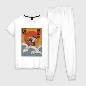 Женская пижама хлопок с принтом Samurai Surfing , 100% хлопок | брюки и футболка прямого кроя, без карманов, на брюках мягкая резинка на поясе и по низу штанин | art | big | great | hokusai | illustration | japan | japanese | kanagawa | retrowave | sumo | surf | tsunami | vaportave | wave | yamato | гравюра | иллюстрация | искусство | самурай | серфинг | сумо | укиё э | цунами | ямато э | япония | японс