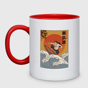 Кружка двухцветная с принтом Samurai Surfing , керамика | объем — 330 мл, диаметр — 80 мм. Цветная ручка и кайма сверху, в некоторых цветах — вся внутренняя часть | art | big | great | hokusai | illustration | japan | japanese | kanagawa | retrowave | sumo | surf | tsunami | vaportave | wave | yamato | гравюра | иллюстрация | искусство | самурай | серфинг | сумо | укиё э | цунами | ямато э | япония | японс