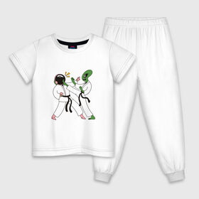 Детская пижама хлопок с принтом Space Karate , 100% хлопок |  брюки и футболка прямого кроя, без карманов, на брюках мягкая резинка на поясе и по низу штанин
 | Тематика изображения на принте: alien | art | high | kick | арт | астронавт | битва | в шлеме | гери | гири | иллюстрация | инопланетянин | карате | кимоно | космическое | космонавт | космос | маваши | мае гири | маэ гери | межпланетное | нога