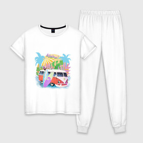 Женская пижама хлопок с принтом летнее настроение , 100% хлопок | брюки и футболка прямого кроя, без карманов, на брюках мягкая резинка на поясе и по низу штанин | активный отдых | жара | лето | море | океан | пляж | путешествие | серфинг | солнце | тропики | фургон