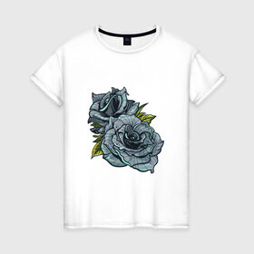 Женская футболка хлопок с принтом Синяя роза , 100% хлопок | прямой крой, круглый вырез горловины, длина до линии бедер, слегка спущенное плечо | арт | зеленый | рисунок | роза | розы | синие розы | синий | синяя роза | темный