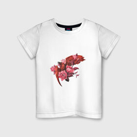 Детская футболка хлопок с принтом Красная птица с цветами , 100% хлопок | круглый вырез горловины, полуприлегающий силуэт, длина до линии бедер | арт | красная птица | красный | крылья | перья | полёт | полёт птицы | птица | рисунок | розовые цветы | розовый | розовый цветок | цветок | цветы