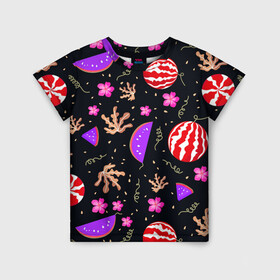 Детская футболка 3D с принтом Watermelons  , 100% гипоаллергенный полиэфир | прямой крой, круглый вырез горловины, длина до линии бедер, чуть спущенное плечо, ткань немного тянется | berries | pattern | patterns | red watermelon | watermelons | арбузы | красный арбуз | паттерн | узоры | ягоды