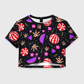 Женская футболка Crop-top 3D с принтом Watermelons  , 100% полиэстер | круглая горловина, длина футболки до линии талии, рукава с отворотами | berries | pattern | patterns | red watermelon | watermelons | арбузы | красный арбуз | паттерн | узоры | ягоды