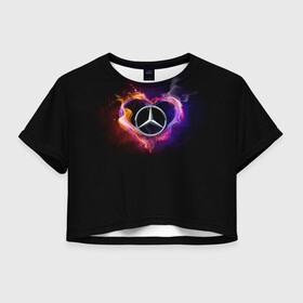 Женская футболка Crop-top 3D с принтом Mercedes-Benz , 100% полиэстер | круглая горловина, длина футболки до линии талии, рукава с отворотами | amg | love mercedes | mercedes | mercedes в сердце | mercedes значок | mercedes лого | mercedes марка | амг | бенц | горящее сердце | лого автомобиля | логотип мерседес | люблю мерседес | мерин | мерс | мерседес | мерседес бенз