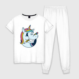 Женская пижама хлопок с принтом Единорог с карандашом , 100% хлопок | брюки и футболка прямого кроя, без карманов, на брюках мягкая резинка на поясе и по низу штанин | back to | creepy | cringe | cute | funny | horn | pencil | rainbow | school | schoolboy | unicorn | unicorns | в школу | милый | обучение | пегас | пони | радуга | рог | смешной | снова в школу | ученик | учитель | цвета радуги | школа | школ