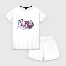 Женская пижама с шортиками хлопок с принтом Санта с Единорогами , 100% хлопок | футболка прямого кроя, шорты свободные с широкой мягкой резинкой | 