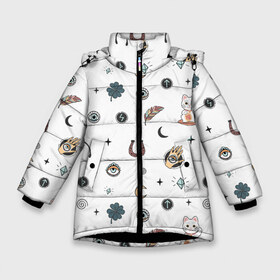 Зимняя куртка для девочек 3D с принтом Символы и знаки удачи , ткань верха — 100% полиэстер; подклад — 100% полиэстер, утеплитель — 100% полиэстер. | длина ниже бедра, удлиненная спинка, воротник стойка и отстегивающийся капюшон. Есть боковые карманы с листочкой на кнопках, утяжки по низу изделия и внутренний карман на молнии. 

Предусмотрены светоотражающий принт на спинке, радужный светоотражающий элемент на пуллере молнии и на резинке для утяжки. | Тематика изображения на принте: всевидящее око глаз | глаза | глазки | завитки спиральки | звезды | знак | иконки | китайский | клевер | кость | кот | котёнок | котик. | кристал | лапка | луна | молния | оберег | перо | пёрышки | перья