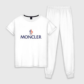 Женская пижама хлопок с принтом MONCLER , 100% хлопок | брюки и футболка прямого кроя, без карманов, на брюках мягкая резинка на поясе и по низу штанин | mancler | mankler | moncler | monkler | манклер | мода | монклер | тренд | хайповый | шмот