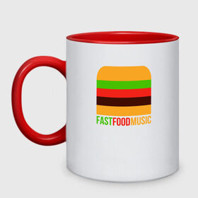 Кружка двухцветная с принтом Fast Food Music , керамика | объем — 330 мл, диаметр — 80 мм. Цветная ручка и кайма сверху, в некоторых цветах — вся внутренняя часть | drill | fast | ffm | food | music | rap | trap | мьюзик | русский | рэп | фаст | фуд
