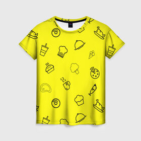 Женская футболка 3D с принтом Мастер кулинарии , 100% полиэфир ( синтетическое хлопкоподобное полотно) | прямой крой, круглый вырез горловины, длина до линии бедер | cooking | броколе | вектор | кофе | кулинария | мороженое | сыр