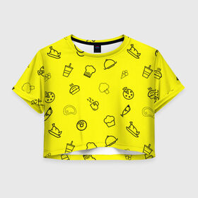Женская футболка Crop-top 3D с принтом Мастер кулинарии , 100% полиэстер | круглая горловина, длина футболки до линии талии, рукава с отворотами | cooking | броколе | вектор | кофе | кулинария | мороженое | сыр