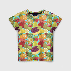 Детская футболка 3D с принтом Фрукты , 100% гипоаллергенный полиэфир | прямой крой, круглый вырез горловины, длина до линии бедер, чуть спущенное плечо, ткань немного тянется | fruct pattern | pattern | ананас | апельсин | арбуз | банан | виноград | груша | киви | клубника | лимон | листья | малина | натюрморт | патерн | паттерн | рисунок | фрукт | фруктовый паттерн | фрукты | фрукты фон
