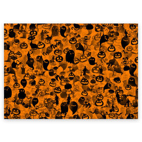 Поздравительная открытка с принтом Halloween , 100% бумага | плотность бумаги 280 г/м2, матовая, на обратной стороне линовка и место для марки
 | ведьма | кот | паттерн | паутина | привидение | призрак | скелет | тыква