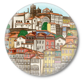 Значок с принтом Порту, Португалия, домики ,  металл | круглая форма, металлическая застежка в виде булавки | city | old town | porto | portugal | город | город на холме | городской пейзаж | домики | оранжевые крыши | отпуск | порту | португалия | путешествие | старый город